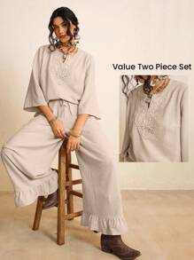 SHEIN LUNE Plus Size 2pcs Casual Matching Set,Embroidered Blouse And Ruffle Hem Pants With Pockets,Women's Linen Lounge Sets,Beige,Autumn,Boho,Vacation Outfits - Apricot - View 2