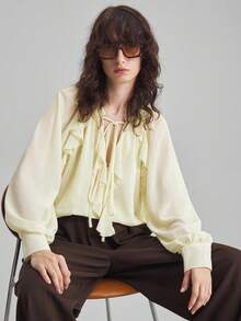 Ontre 2025 New Autumn/Winter Women's Top, Ladies' Yellow Tie-Neck Chiffon Ruffle Hem Sheer Top, Loose Fit, Woven Fabric, Suitable For Halloween, Christmas, Vacation Party, Elegant Casual Versatile Women's Top Elegant And Intellectual Female Wedding Guest Dress And Beautiful French Lazy High-End Sense Of Intelligence And Elegance Old Money Style Cruise Vacation Wear All-Season - Yellow - View 5