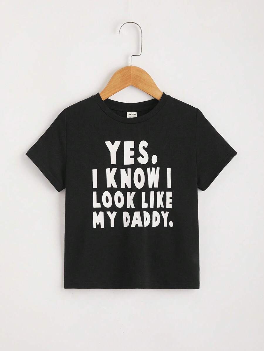 SHEIN Leap Crew Young Boy Fashionable Printed Simple T-Shirt With Shoulder Label And Slogan Design Kids Tees - Black - View 1