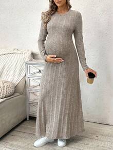 SHEIN 孕妇针织圆领长袖罗纹休闲连衣裙 - 杏色 - 查看 8