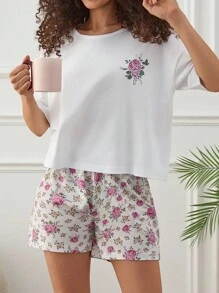 RueChic Women 2 Pcs Flower Printed Detail Short Sleeve Shirt And Fake Ribbon Drawsting Detail Floral Pattern Shorts Homewear Lounge Set - White - View 5