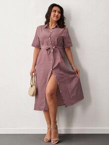 SHEIN Cottnline Váy kẻ sọc cỡ lớn - Màu Đỏ Sâu - Xem 5