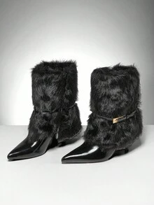 SHUZIA Botas Femininas Glamorosas, Sensuais, Bico Fino, Fivela De Metal, Dobradas, Cano Médio - Preto - Ver 7