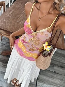 SHEIN Tall Damska koszulka na ramiączkach z falbanką i nadrukiem kwiatowym w stylu ombre na wakacje - Wielokolorowe - Zobacz 4