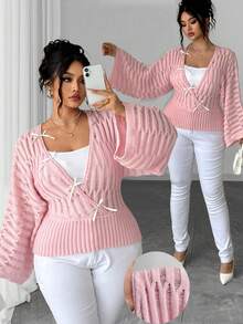 Elenzga 大码女式V领蝙蝠袖收腰针织毛衣，法式复古蝴蝶结设计休闲套头衫，秋冬款 - 粉色 - 查看 8