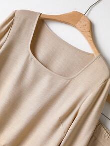 Rusticease Conjunto de top corto de manga larga con cuello cuadrado y bolsillos con cinta de contraste, y pantalones rectos casuales para mujer