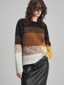 Ontre 2025 New Winter Women's Sweater,Black And White Striped,Autumn,Casual,Everyday Color Block Round Neck Long Sleeve,Minimalist Office Fashionable Top - Multicolor - View 6