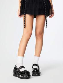 ROMWE Grunge Punk 女式朋克摇滚哥特式侧拉链铆钉防水厚底骑士靴，重型厚底摩托车靴，厚底和粗跟鞋，万圣节 - 紅色 - 查看 2