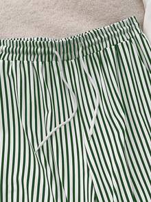 INAWLY Bộ áo thun tay ngắn màu trơn và quần sọc mùa hè - màu xanh lá - Xem 4