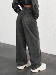 EURMUSE 100% COTTON HIGH WAIST BUTTON DETAILED WIDE LEG JEAN Low Rise Jeans Baggy - Black - View 2