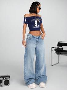 100% 纯棉女式低腰阔腿中号蓝色 Y2K 风格宽松牛仔裤 - 中等水洗藍 - 查看 4