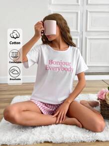 RueChic Cotton 2pcs Women Line Print Short And Slogan Print Top Homewear Pajama Set - White - View 1