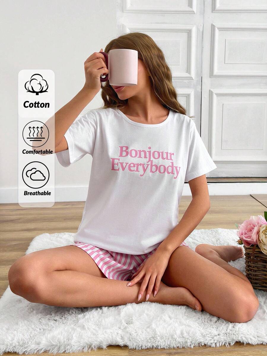 RueChic Cotton 2pcs Women Line Print Short And Slogan Print Top Homewear Pajama Set - White - View 1