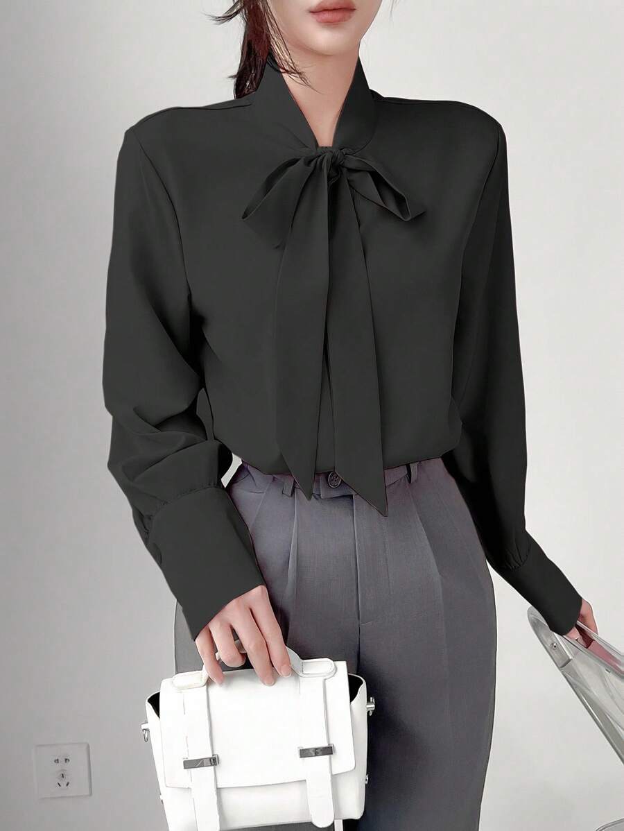 Uhlyne 纯色优雅长袖纽扣衬衫，长袖上衣 - 黑色 - 查看 1