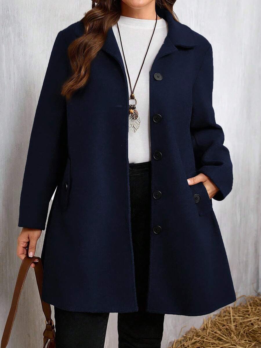 Áo khoác ngoài màu xám một hàng khuy cỡ lớn dành cho nữ, Thu/Đông - Màu xanh hải quân - Xem 1