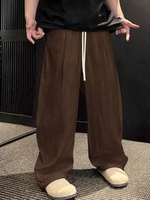 Claim Dot Men's Loose Straight Leg Casual Pants, Linen Elastic Waist Trousers, For Fall