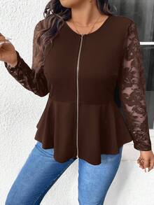 SHEIN Frenchy Chaqueta de uso diario con encaje y cremallera para talla grande, chaqueta elegante de manga larga para otoño, chaqueta negra versátil, ropa de calle para mujeres para salir, ropa de mujer para otoño