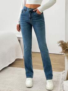 EURMUSE WOMEN SKINNY STRAIGHT HIGH WAIST JEANS ZIPPER DETAIL - Medium Wash - View 3