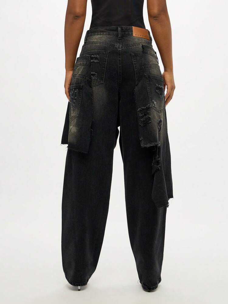 SUMWON WOMEN Double Waistband Wide Leg Distressed Denim With Rips