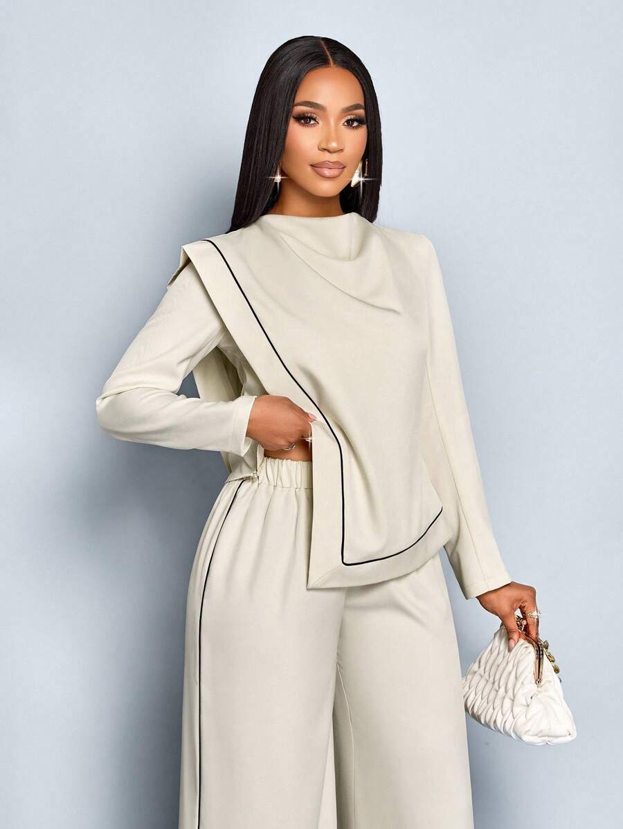 SOLERSUN 女士通勤垂坠领撞色黑色条纹亚麻不对称下摆衬衫和阔腿裤两件套 - 杏色 - 查看 1