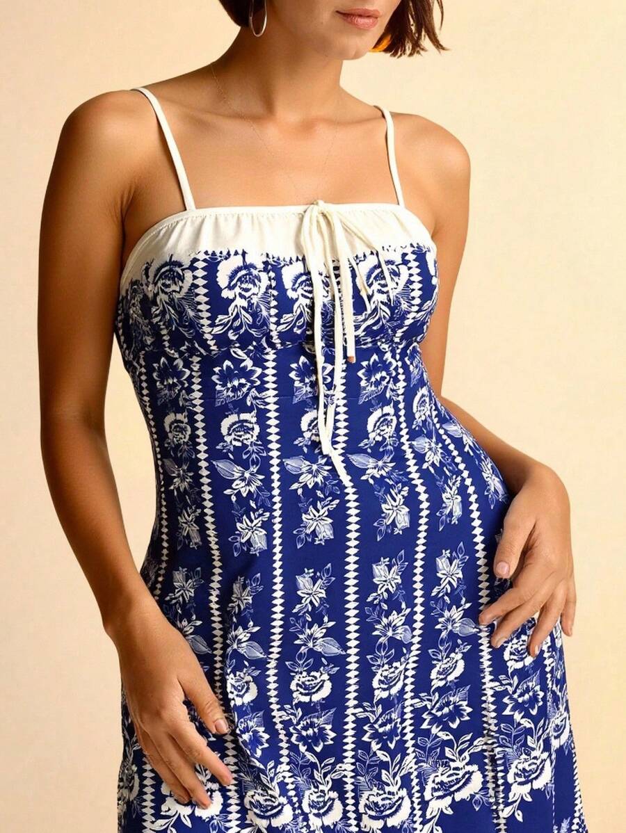 CAJUNI Đầm maxi dáng dài boho in họa tiết hoa nhiệt đới màu tím và trắng cỡ lớn dành cho nữ, cổ vuông, dây mảnh, eo thắt, dáng chữ A, xẻ tà, nhún bèo, mùa hè - Nhiều màu - Xem 1