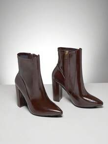 SHUZIA 女士迷人性感尖头侧拉链粗跟袜靴 - 巧克力棕 - 查看 6