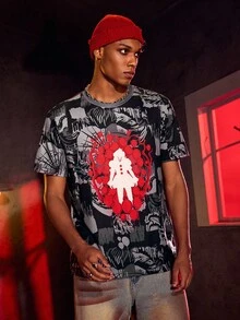 IT x SHEIN 恐怖电影人物图案圆领休闲短袖T恤 - 黑色 - 查看 6