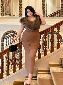 Flirla Party Deep V-Neck Sexy Minimalist Bodycon Waist Cinched High-End Elegant Solid Color Dress - Brown - View 2