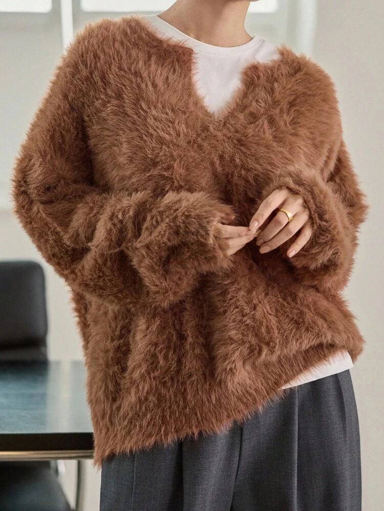 Women's Loose Business Casual Thick Fuzzy Minimalist Solid Color Knit Sweater, Suitable For Autumn And Winter Office Wear