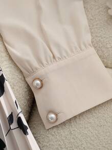 Franclia Váy dài tay, dáng dài vừa phải, cổ chữ V, viền xòe, họa tiết hoa đơn sắc, vát kim loại màu đen, thời trang tối giản dành cho nữ, mùa thu/đông - Màu be - Xem 4