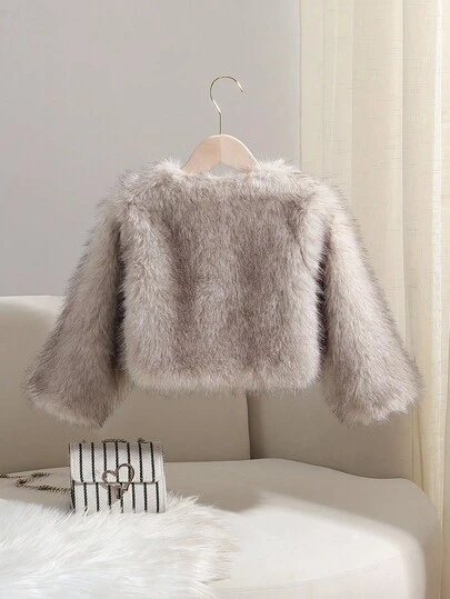 SHEIN Elladie kids Nuevo abrigo corto y grueso de invierno de estilo fashionable y elegante para niñas, con chaqueta de piel sintética y estampado tie-dye esponjoso de alta gama