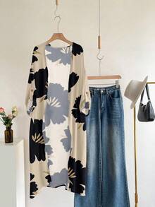 EMERY ROSE 白色半透明和服袖外套，饰以醒目的花卉印花，中长款，适合秋冬季女士穿着，休闲百搭。 - 白色 - 查看 3