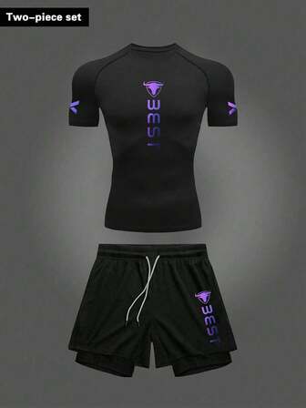 Manfinity Sport Corelite 男士字母印花T恤和短裤运动套装