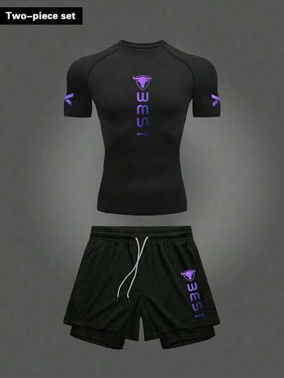 Manfinity Sport Corelite 男士字母印花T恤和短裤运动套装健身套装锻炼套装压缩衣