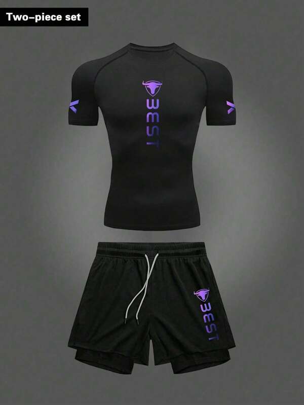 Manfinity Sport Corelite Herren T-Shirt mit Buchstaben-Muster und Shorts Sportanzug