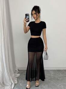 SHEIN Tall 女士纯色半透明拼布半身裙 - 黑色 - 查看 6