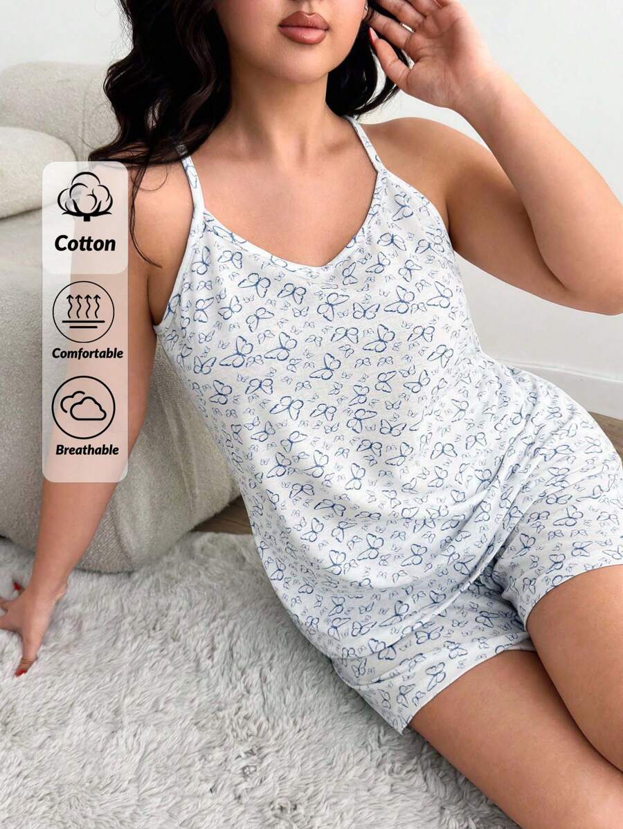 RueChic Plus Contrast Colour Butterfly Pattern Homewear Cami Top&Shorts Summer Pajama Set Women Pj Set Short Women S Pajama Women Nighty Women S Pajama Pants Pj Sets For Women Summer - White - View 1