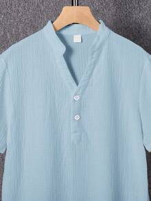 SHEIN Boys Blue Regular Sleeve Plain Polyester Shirt Button Front Stand Collar Regular Length Casual Top, Teen Boy - Blue - View 4