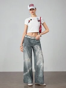 ROMWE J-Fashion Y2K 复古蝴蝶蕾丝印花女式低腰牛仔裤 - 藍色 - 查看 7