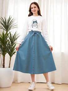 SHEIN Teen Girl Spring/Autumn Casual Round Neck Sweatshirt With Character Print And Solid Button Front Skirt Two-Piece Set - Blue - View 1