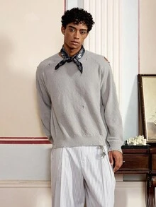 SWAVVY 男士休闲灰色做旧长袖毛衣，秋冬 - 淺灰色 - 查看 5