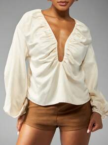 MISSGUIDED 优雅长款灯笼袖褶皱前开襟衬衫 V 领系带前开襟上衣 节日派对晚会特殊场合个性时尚上衣 - 杏色 - 查看 4