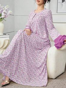 Yasmyna Vestido de mujer con estampado floral elegante, mangas plisadas y parches, con estilo árabe encantador, para primavera/verano