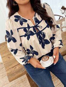 Weeklong Plus Size Elegant Floral Print Tie Front Shirt Fall Cloth For Women