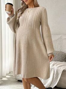 SHEIN 孕妇粗针织喇叭下摆毛衣裙 - 卡其色 - 查看 5