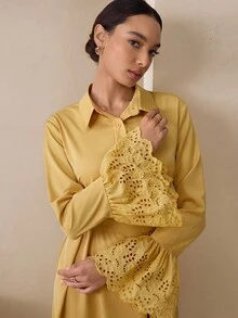 Graceveil Autumn Woven Embroidered Patchwork Elegant Teacher's Dress, Long Dress For Back To School, Yellow Autumn Long Sleeve Maxi Dress Fall Cloth For Women - Yellow - View 2