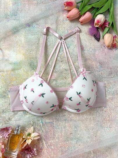 Elegant Floral Embroidered Front-Closure Push-Up 3/4 Cup Underwire Lingerie Bra, In Pink And White, Kawaii Bountiful Floral Splendor