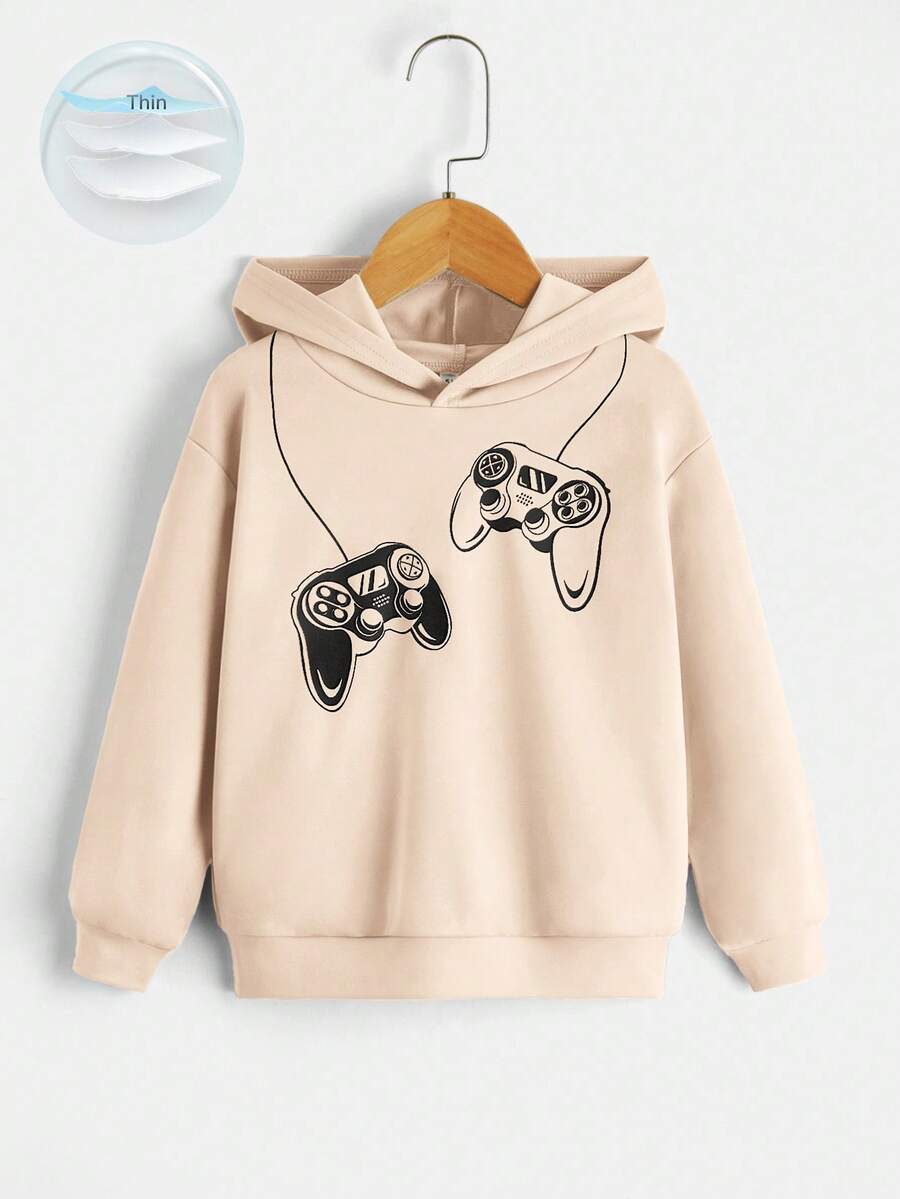 SHEIN 男童电子游戏印花休闲宽松卫衣，适合秋冬季穿着 - 卡其色 - 查看 1