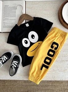 SHEIN 男婴卡通企鹅图案无袖 T 恤和裤子，2 件/套 - 黃色 - 查看 7