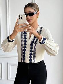 Serisse Áo sơ mi nữ dài tay ren kiểu Pháp, thích hợp mặc đi làm, mùa thu, dành cho nữ công sở, nữ giáo viên, mùa tựu trường, áo kiểu thêu, áo công sở mùa đông, mùa xuân. - Màu be - Xem 7